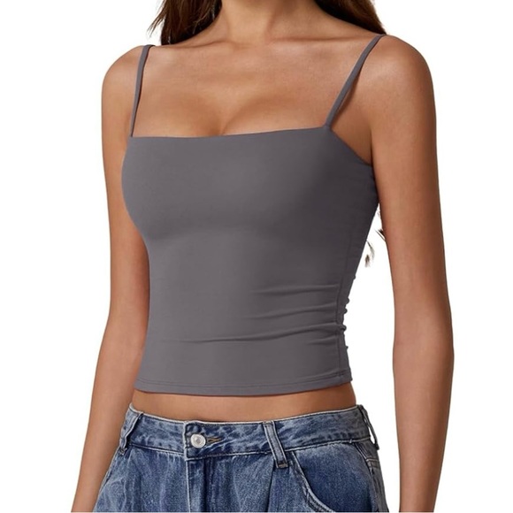 Double Lined Square Neck Tank Top Dark Grey Qinsen - Picture 1 of 7